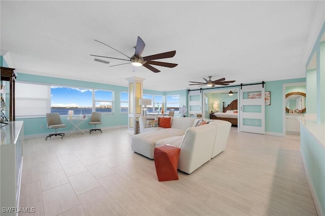 living room with ceiling fan