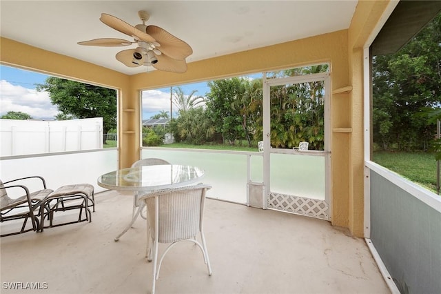 sunroom / solarium featuring ceiling fan