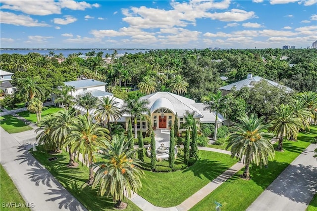 drone / aerial view featuring a water view