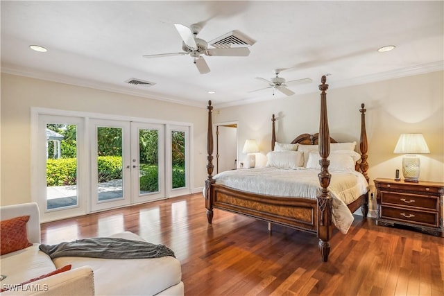 bedroom with access to exterior, french doors, ornamental molding, ceiling fan, and hardwood / wood-style floors