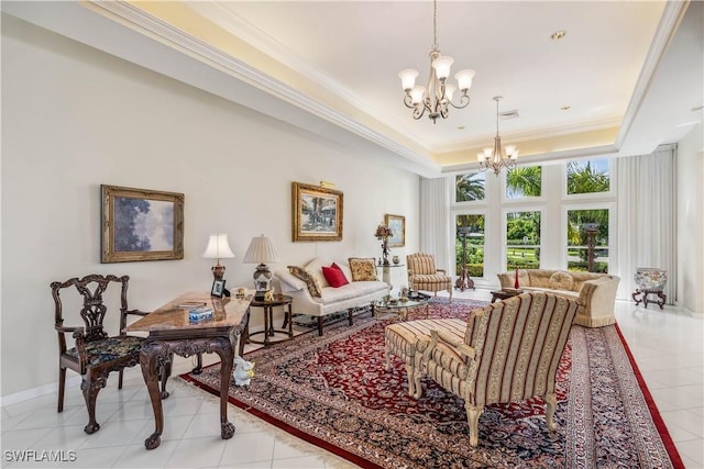 living room featuring light tile patterned floors, crown molding, a tray ceiling, and an inviting chandelier