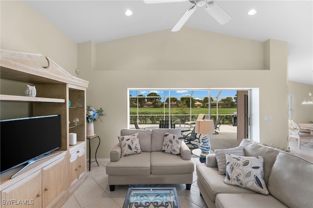 living room featuring beam ceiling, ceiling fan, light tile patterned floors, and high vaulted ceiling