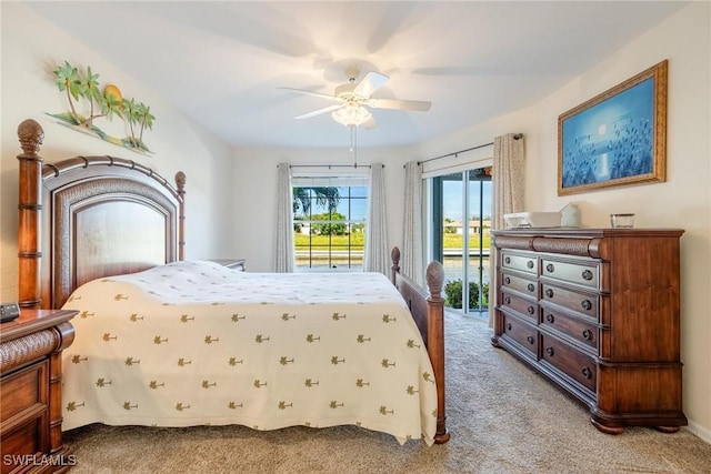 bedroom featuring access to exterior, carpet, and ceiling fan