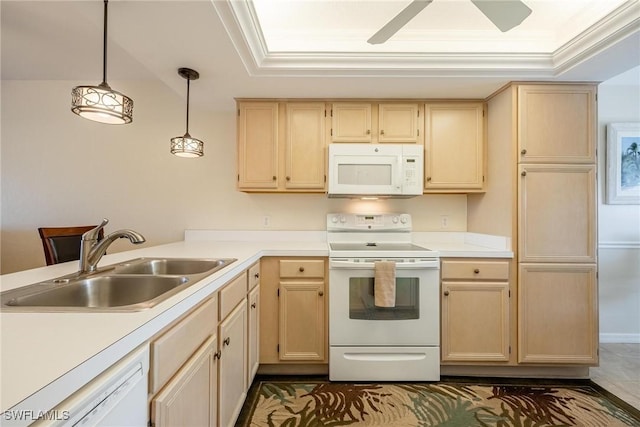 kitchen with sink, decorative light fixtures, white appliances, and light brown cabinets