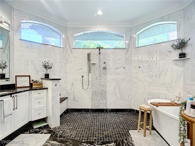 bathroom featuring shower with separate bathtub, a wealth of natural light, and crown molding