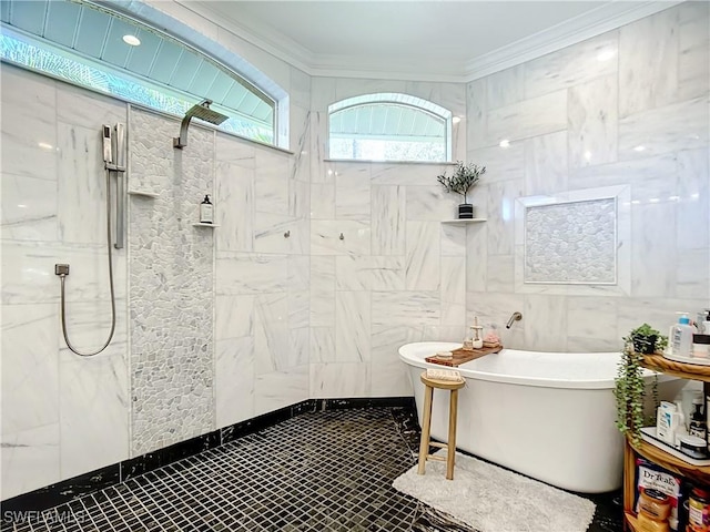 bathroom featuring tile patterned floors, crown molding, tile walls, and independent shower and bath