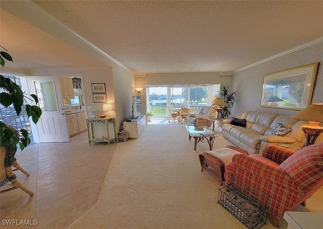 tiled living room featuring a textured ceiling and ornamental molding