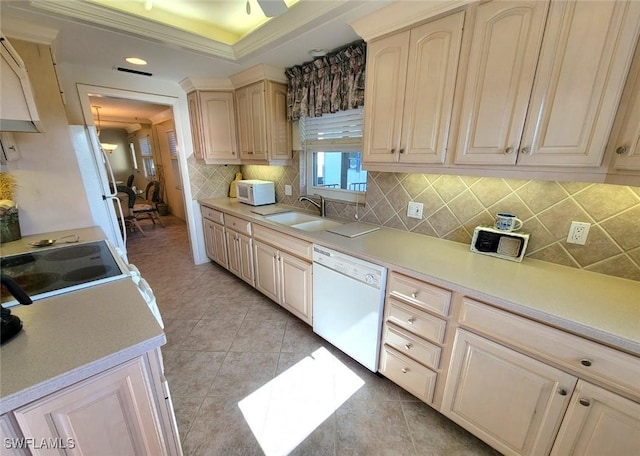 kitchen featuring sink, ventilation hood, white appliances, decorative backsplash, and light tile patterned floors