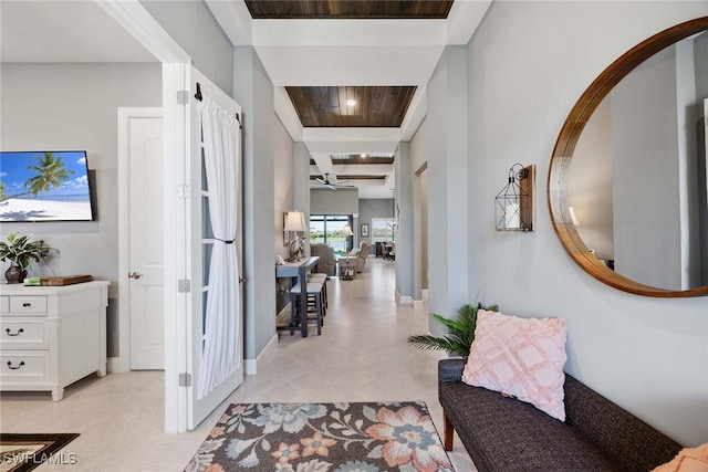 hallway with wooden ceiling