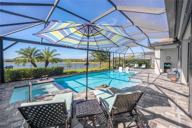 view of swimming pool featuring a lanai, a water view, and a patio