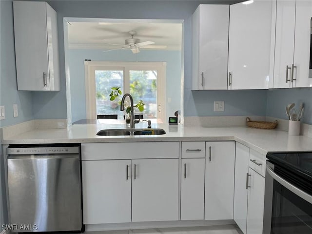 kitchen featuring ceiling fan, sink, white cabinetry, and stainless steel appliances