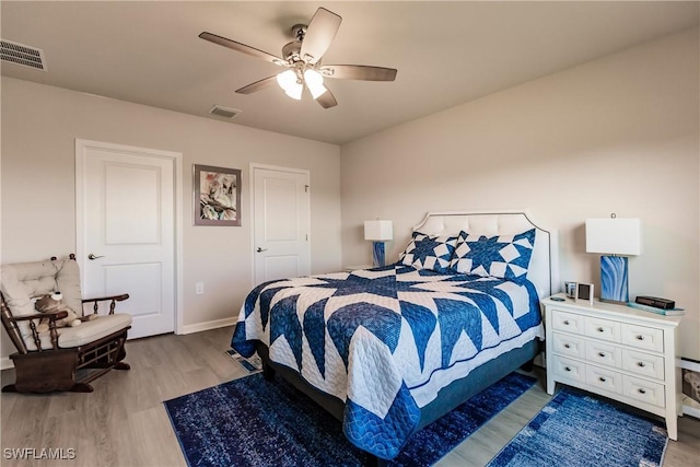 bedroom with hardwood / wood-style floors and ceiling fan