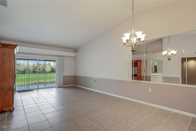 tiled empty room with baseboards, high vaulted ceiling, visible vents, and an inviting chandelier