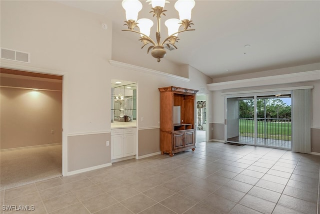 unfurnished living room with light tile patterned floors, baseboards, visible vents, an inviting chandelier, and high vaulted ceiling