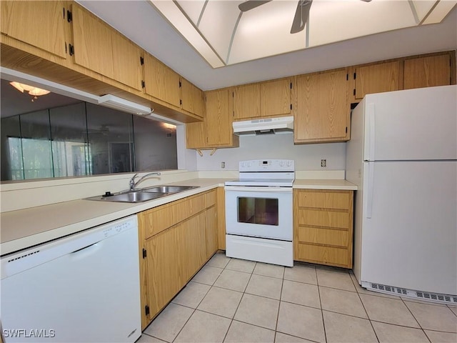 kitchen featuring sink, white appliances, ceiling fan, light tile patterned floors, and light brown cabinetry