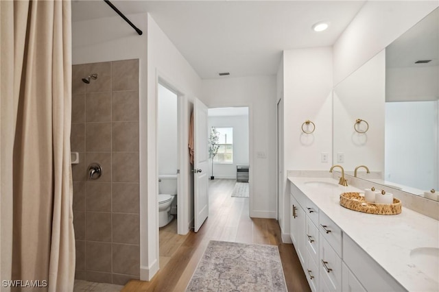 bathroom featuring a shower with shower curtain, vanity, toilet, and wood-type flooring