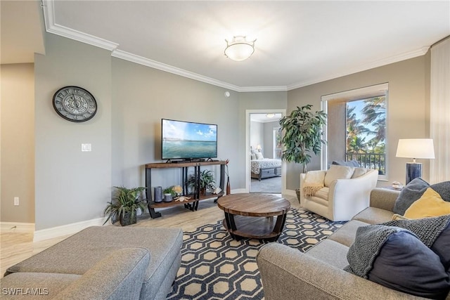 living room with crown molding and light hardwood / wood-style flooring