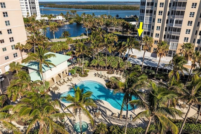 birds eye view of property featuring a water view