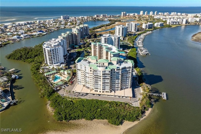 aerial view featuring a water view