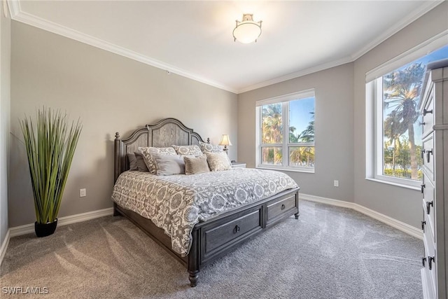 bedroom with multiple windows, crown molding, and carpet