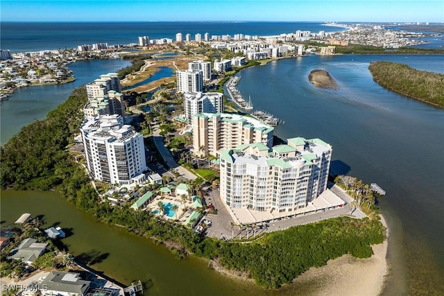 bird's eye view with a water view