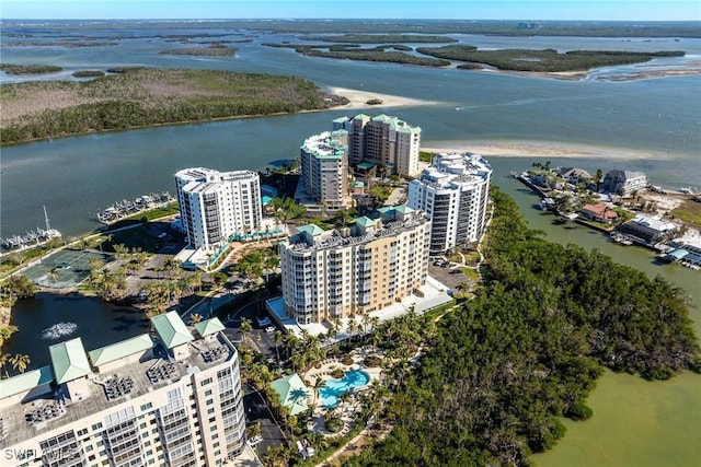 drone / aerial view with a water view