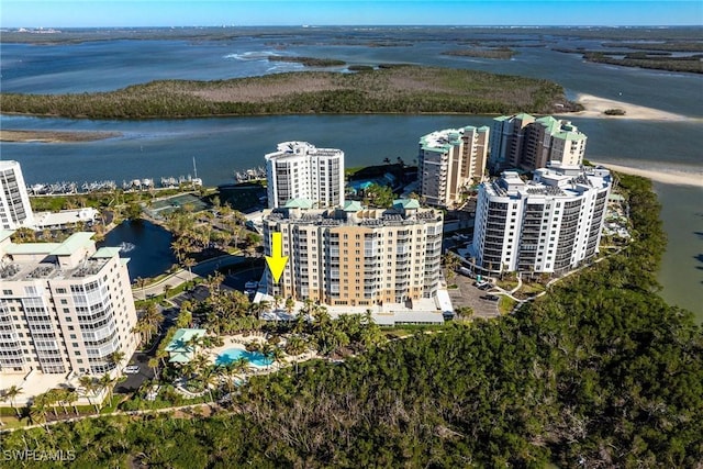 drone / aerial view featuring a water view