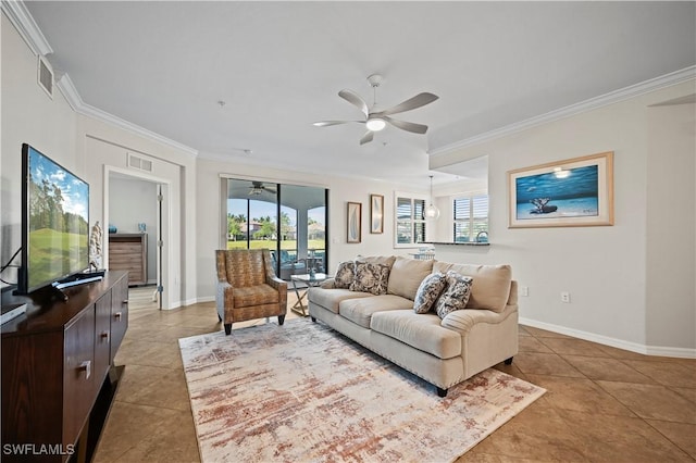 living area with ornamental molding, visible vents, and plenty of natural light