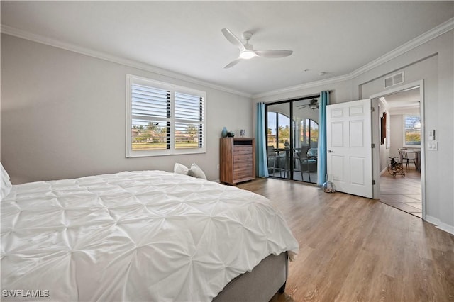 bedroom featuring access to exterior, multiple windows, and crown molding