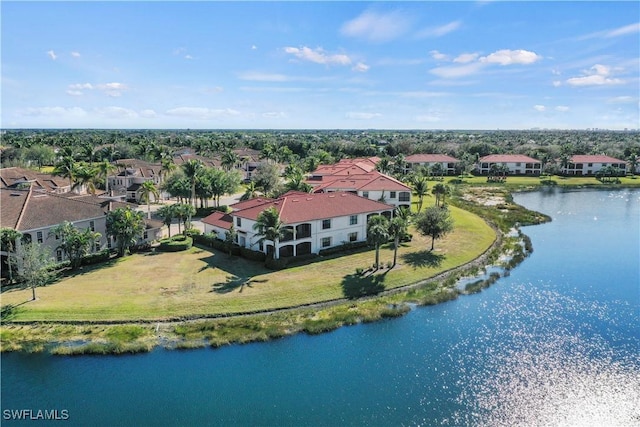 bird's eye view featuring a residential view and a water view