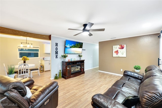 living room with ceiling fan with notable chandelier, light hardwood / wood-style flooring, and ornamental molding