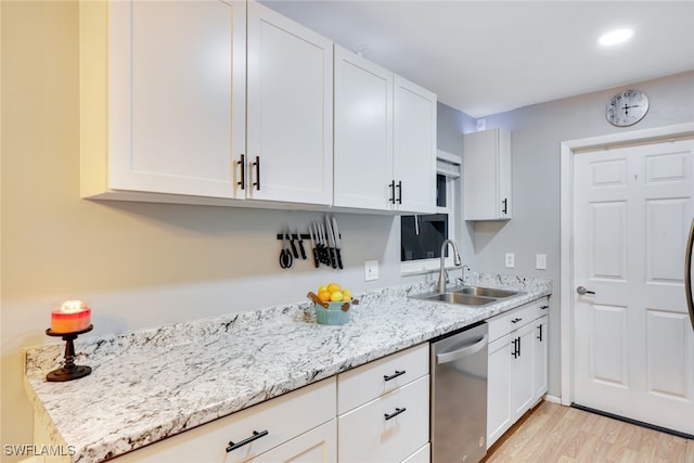 kitchen with white cabinetry, dishwasher, and sink