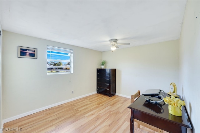 office with ceiling fan and light hardwood / wood-style floors