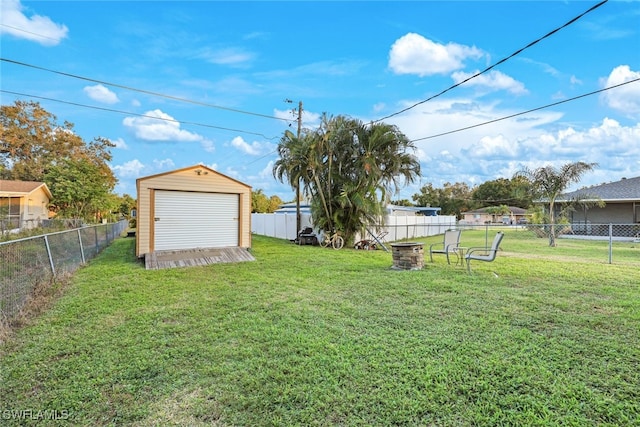 view of yard featuring an outdoor structure and an outdoor fire pit