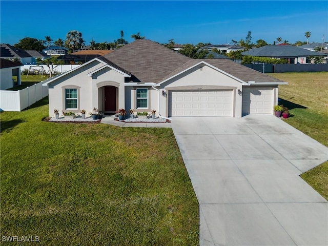 single story home with a garage and a front yard