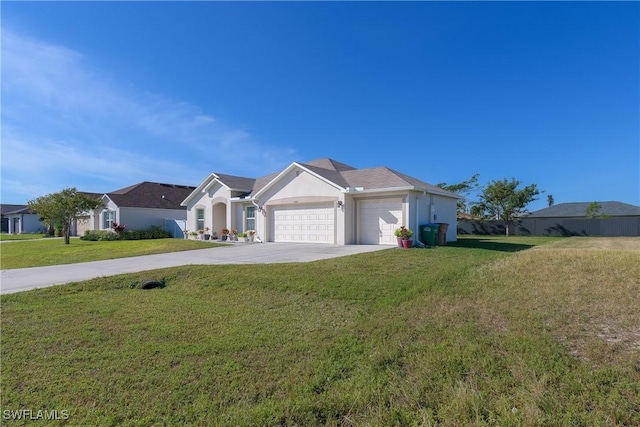 ranch-style home with a front yard and a garage