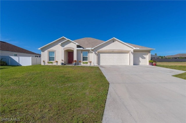 ranch-style house featuring a front yard and a garage