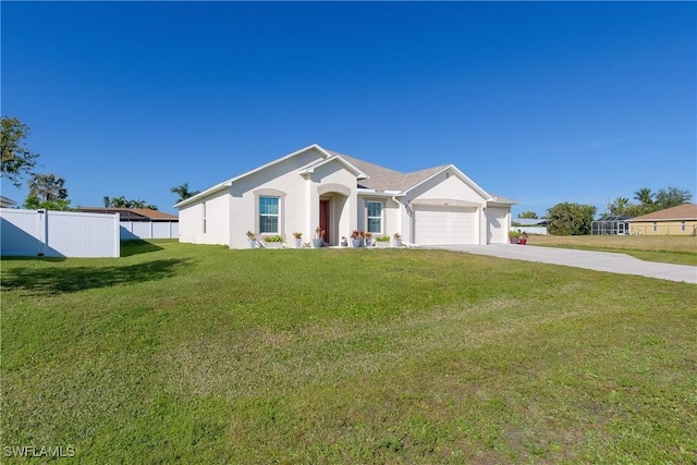 ranch-style house with a garage and a front yard