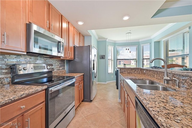 kitchen with stainless steel appliances, sink, backsplash, light stone counters, and light tile patterned floors