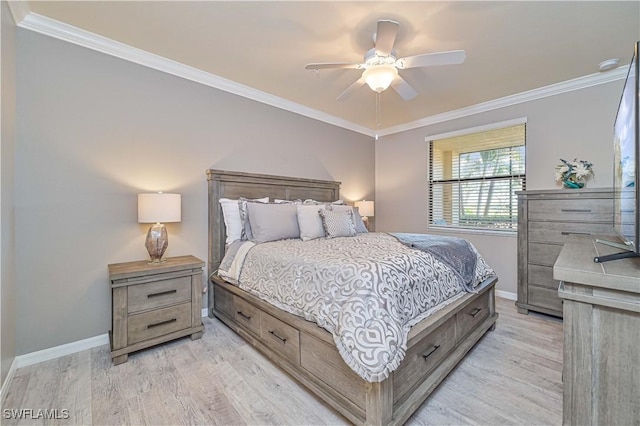 bedroom with ceiling fan, light hardwood / wood-style flooring, and ornamental molding