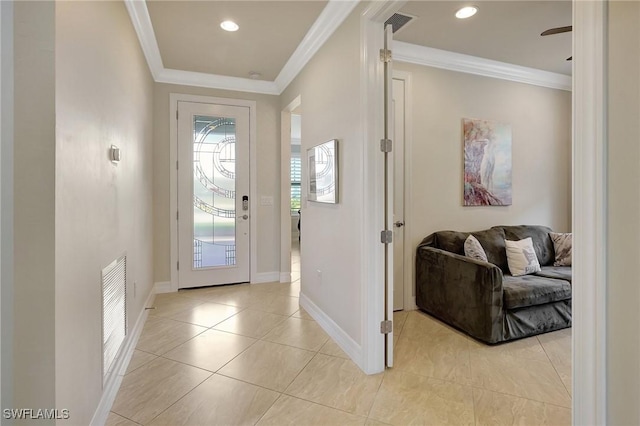 doorway featuring light tile patterned floors and ornamental molding