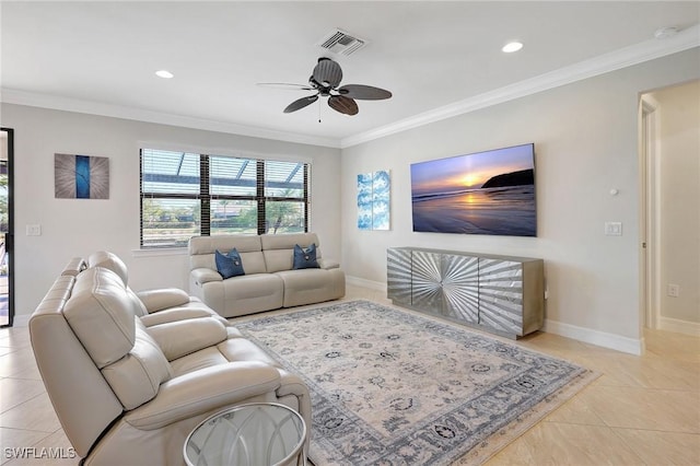 living room with ceiling fan, ornamental molding, and light tile patterned floors