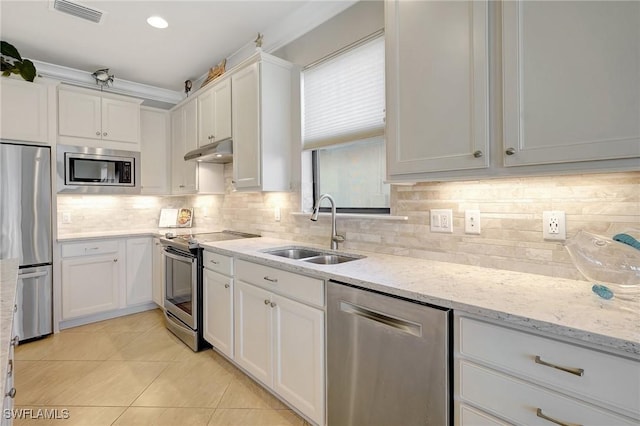 kitchen with stainless steel appliances, white cabinetry, tasteful backsplash, and sink