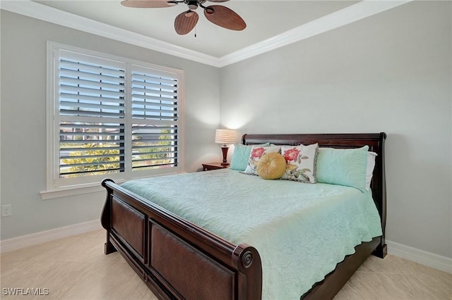 bedroom with light tile patterned floors, ceiling fan, and ornamental molding