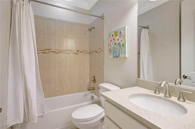 full bathroom featuring shower / tub combo, vanity, and toilet