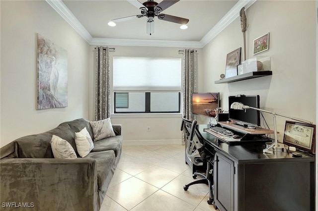 home office with light tile patterned floors, ceiling fan, and ornamental molding