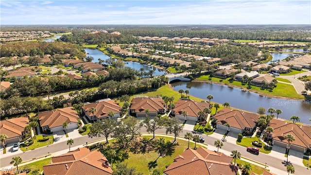 bird's eye view with a water view