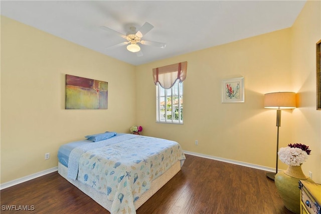 bedroom featuring ceiling fan and dark hardwood / wood-style floors