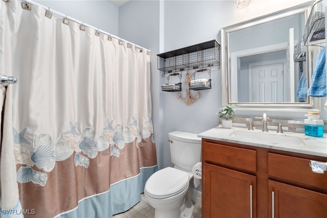 full bathroom with shower / bathtub combination with curtain, vanity, and toilet