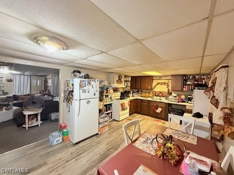 kitchen featuring a drop ceiling, white appliances, and light wood-type flooring